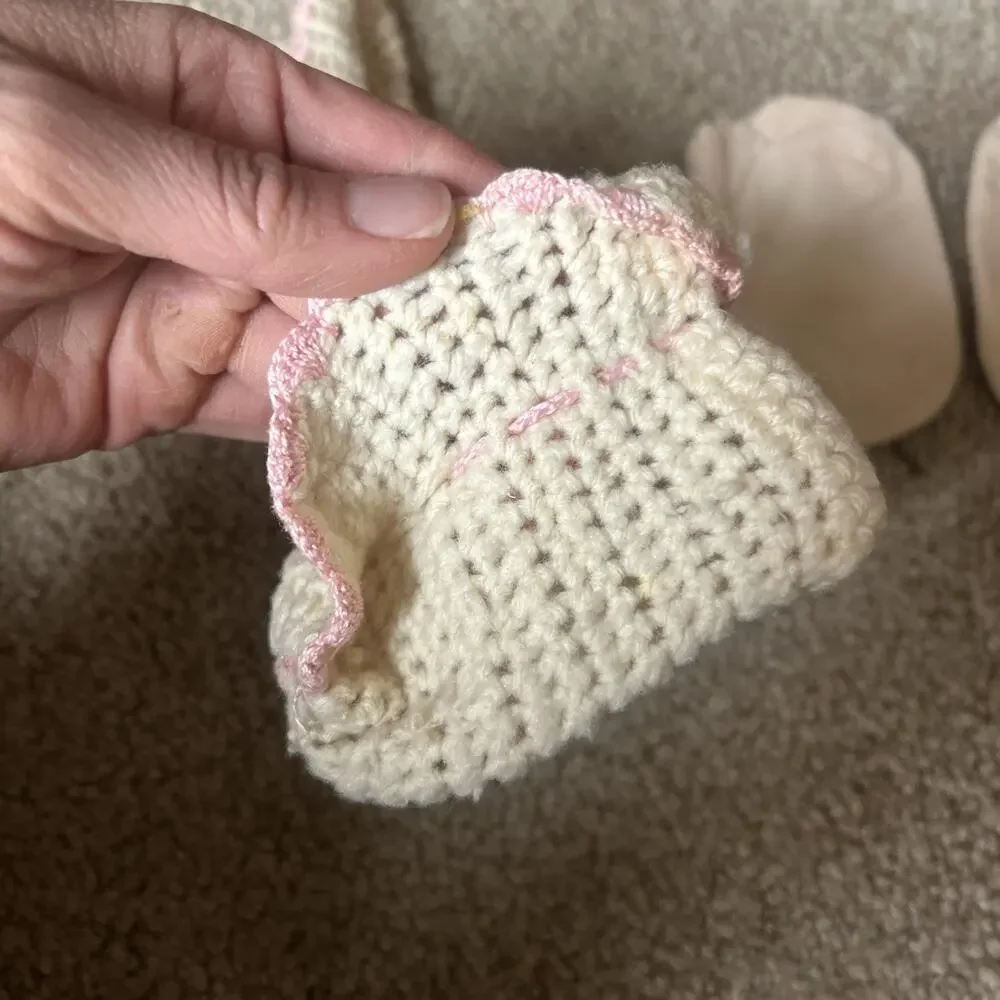 Vtg Pink Off White Crocheted Baby Booties With Tassels AND Pastel Delicate Shoes